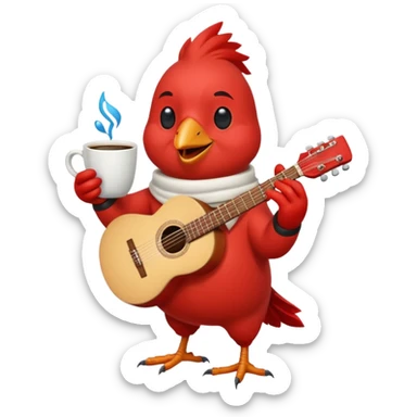 Happy cardinal with guitar and a cup of coffee sticker