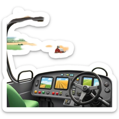 a view from the tractor cabin, with the dashboard in focus, overlooking a vibrant rural landscape. Inspired by Farming Simulator 22, the scene includes fields, crops, and distant barns under a bright sky. The design highlights the immersive experience of farm management. transparent background sticker
