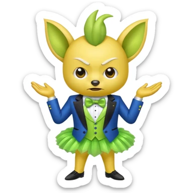 Angry blue banana with ears wearing a sparkly lime green tuxedo and tutu sticker