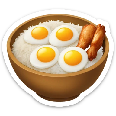 a bowl of rice with two eggs and two chicken drumstick on top sticker
