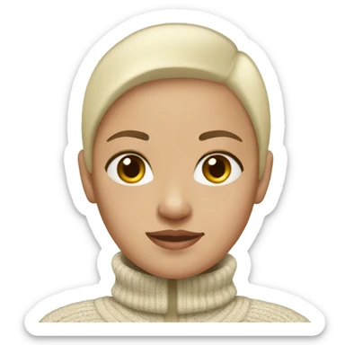 a bald girl wearing a white turtleneck sweater and a beige jacket out the sweater. She is bald sticker