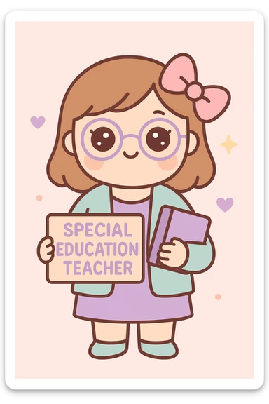 Add glasses to the special education teacher with a pink bow in her hair, maintaining the kawaii style. sticker
