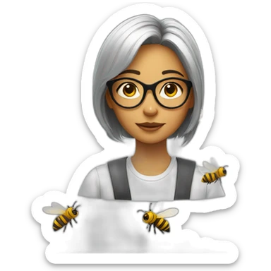 a strong girl with round glasses, working with bees sticker