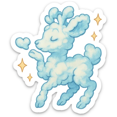 whimsical Ghibli-style cloud doe blowing a kiss surrounded by sparkles sticker