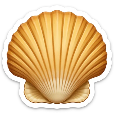 A madeleine pastry. Scalloped seashell shape with four to five vertical lines going in the same direction. Light golden brown. Scalloped edge. Cookie. Flat. Long. Oval shape sticker