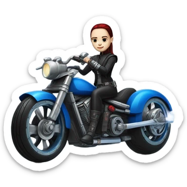 Jedi bounty hunter Wednesday Addams racing sitting in a modern blue,red and pewter steampunk electric luxury motorcycle  sticker