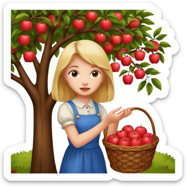 Girl picking an apple off a tree with a basket of apples sticker