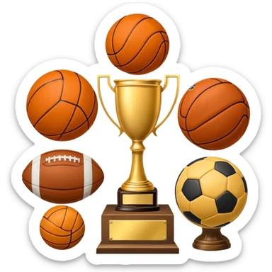 a basketball, soccer ball, volleyball, and a football all mixed with one trophy sticker