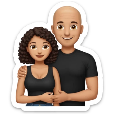 A picture of a tanned couple with the man's arm around her. the man is a Mexican man with tanned skin, a bald hair cut, short beard and wearing a black shirt. the woman is mixed, with curly dark brown hair and with big boobs  sticker