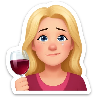 Happy girl, blond girl, mommy, party vibe with a glass of red wine and very tired sticker