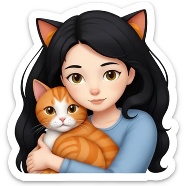 A black-haired girl hugs a ginger cat and A black cat sticker
