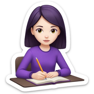girl sitting, writing in a notebook, dark hair, dressed in purple clothes sticker
