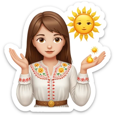 Young Ukrainian girl with brown hair wearing a white embroidered traditional shirt holding a bright sun in her hand sticker