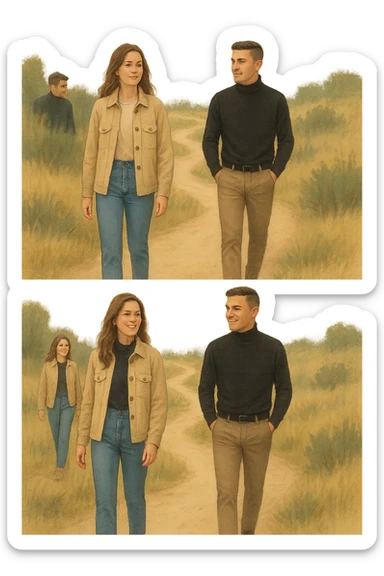 a man and a woman walk together along a winding path in a natural landscape. In one version, the woman leads confidently while the man follows a few steps behind, looking at lei con ammirazione. In un’altra versione, i ruoli sono invertiti, con l’uomo che guida e la donna che lo segue sorridendo. La scena trasmette l’idea che entrambi possano guidare o seguire, a seconda del momento. sticker