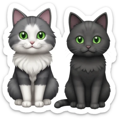 one dark grey and white cat and one completely solid dark grey cat with green eyes and only white paws sticker