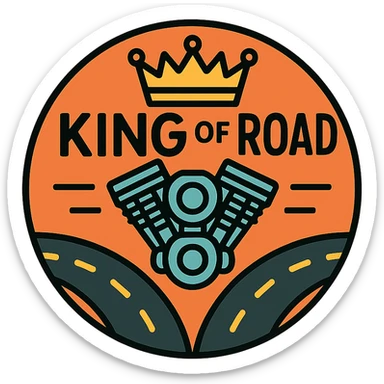 circular motorcycle cap design with the English phrase 'King of the Road', featuring motorcycle motifs like crown, motor, road, ruling style sticker