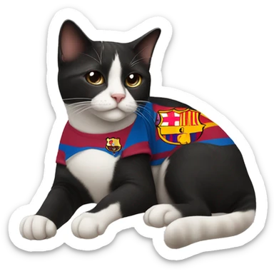 Tuxedo cat with a Barcelona soccer jersey ￼ sticker