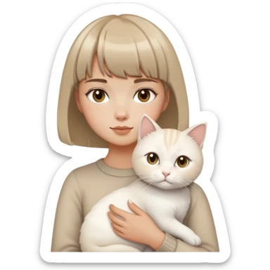 tan girl with short hair with bangs holding white cat  sticker