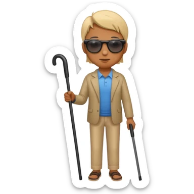 A blind person wearing sunglasses and holding a guide cane sticker