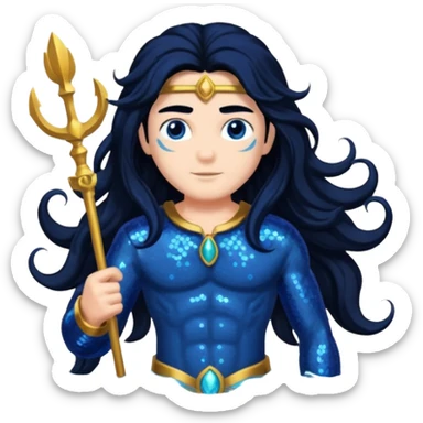 Neptune, God of Sea from Gods and Goddesses with long jet black hair, dark blue sequin outfit sticker