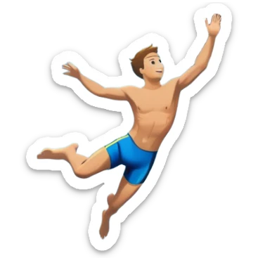 A diver mid-air, plunging from a high cliff into the sparkling ocean below. The background features rugged cliffs, clear blue water, and a bright sky, emphasizing the excitement and danger of the sport with a sense of freedom and adventure. sticker