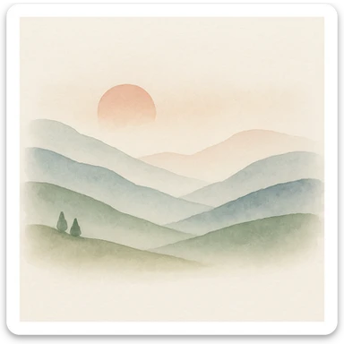 a peaceful valley at sunset, watercolor art style sticker