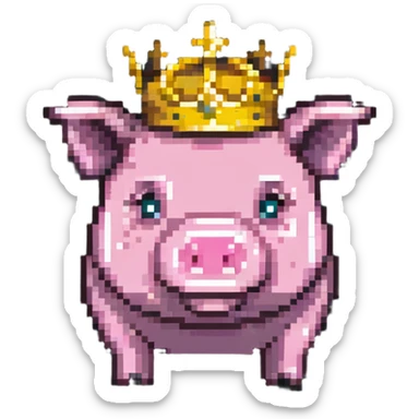 cute pig with a golden crown, chunky, colorful, simple, playful, pixel art style sticker