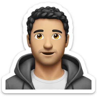 A white man with short black hair and a stubble in a white t shirt and a scarlet hoodie sticker