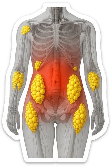 corpo umano anatomico con addome e fianchi segnati in rosso, grappoli di cellule adipose gialle su fianchi e addome sticker