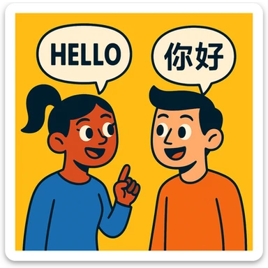 two cartoon people talking, one with English text, one with Chinese text in their speech bubbles sticker