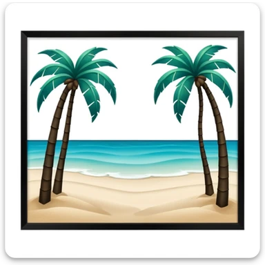 very dark green palm trees on light beige sand, surrounded by azure water, no text sticker