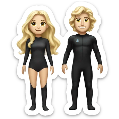 blonde white woman long hair wearing all black standing next to Jack Schlossberg in a wetsuit sticker