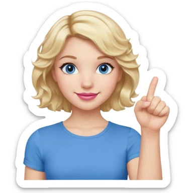 Girl Blonde short wavy hair,  blue eyes, cute blue top, long lashes, pink lips, smiling, fist bump sticker