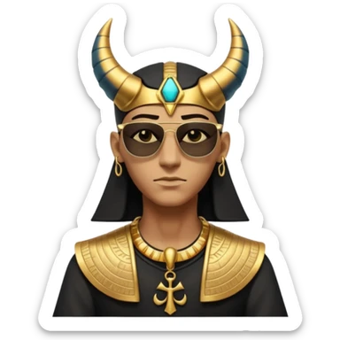3D cartoon horned character portrait, wearing sunglasses, gothic ancient Egyptian style, pharaoh collar, dark gold and black outfit, ankh symbols, Egyptian jewelry, mysterious expression, soft dramatic lighting, centered, clean background, no text, no watermark sticker
