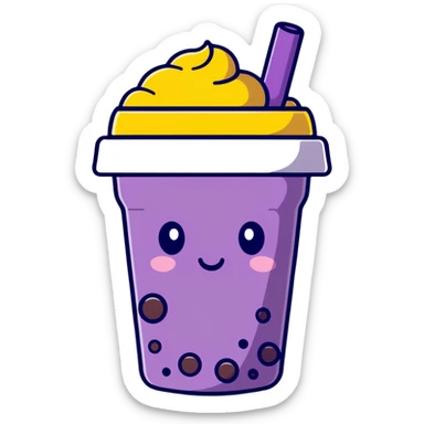 Purple bubble tea cup with a cute face and black tapioca pearls inside sticker