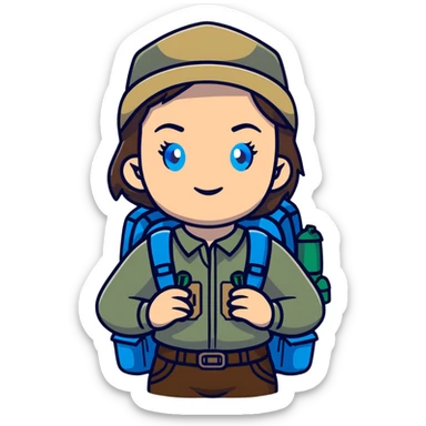 white woman park ranger with gray and brown hair, blue eyes, wearing a backpack sticker