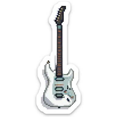 White electric guitar with sleek shiny body, black strings, and smooth neck sticker