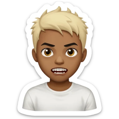 Black Male Teenager with Short punk messy blonde hair, Dark brown bushy eyebrows large expressive golden-brown eyes, wearing a plain white t-shirt, Dark Brown skin color. vampire tooth sticker