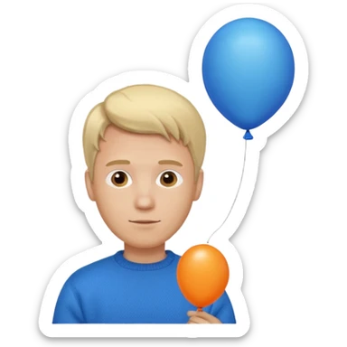 white skin, blonde hair man, orange sweater, hold blue balloon sticker