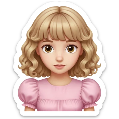 white or light brown girl with bangs, long light brown hair with curly blonde highlights, wearing a pastel pink dress with puff sleeves sticker