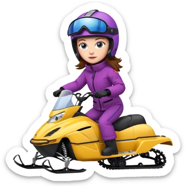 Brown hair, blue eyes, Woman wearing red coat  on purple and yellow snowmobile sticker