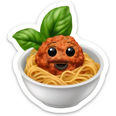 spaghetti with meatballs in a bowl with basil sticker