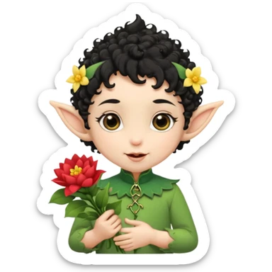 Tiny elf baby black curly hair with pointy ears, hold flowers sticker