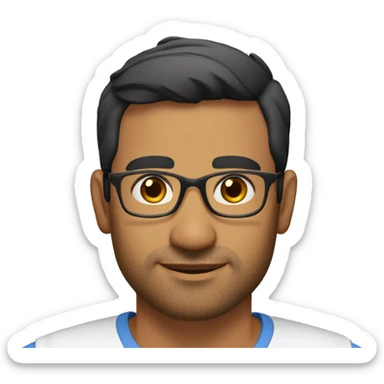 A head and shoulders shot of a 36 year old South Asian man, with short black hair, with stubble facial hair,  wearing glasses with brown eyes wearing a t-shirt. sticker