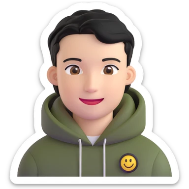 man with smiley face, black hair military cut, brown eyes, wearing 2 circle earrings and a black hoodie sticker
