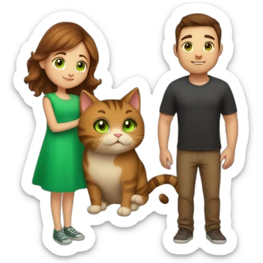 Girl with brown hair. boy with brown hair and green eyes and hugs brown fat cats sticker