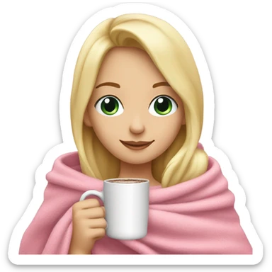 Pretty blond girl with pink blanket holding hot chocolate sticker