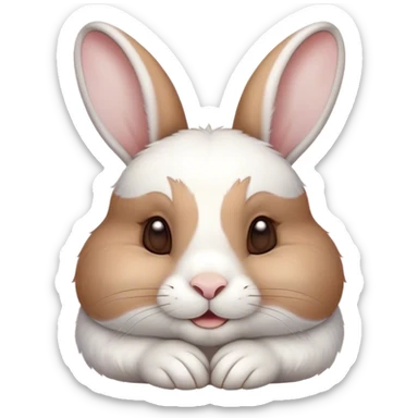 Meme-Worthy Cute Sleeping White and Brown Rabbit Portrait Emoji, Head resting peacefully with a contented smile, showcasing a delightfully balanced build and a luxuriously soft patterned fur of white and brown, eyes shut in a serene nap, Simplified yet hilariously adorable features, highly detailed, glowing with a soft, drowsy light, high shine, relaxed and utterly lovable, stylized with an air of playful laziness, bright and heartwarming, soft glowing outline, capturing the essence of a comically sleepy bunny, so meme-worthy it feels like it could instantly become the next viral sensation of adorable slumber! sticker