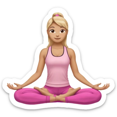 Mujer color de piel moreno clara, con cabello balayage rubio con castaño suelto y lacio y largo usando un top rosa deportivo y leggins deportivo rosa en una pose de yoga sentada, viendo hacia enfrente con ojos negros y sonriendo sin mostrar los dientes sticker
