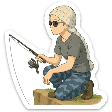 1 female, long white braid, knit cap, dark sunglasses, GRAY T-SHIRT, blue camo pants, KNEELING AND FISHING WITH A TRAVEL FISHING POLE OVER THE LEDGE sticker